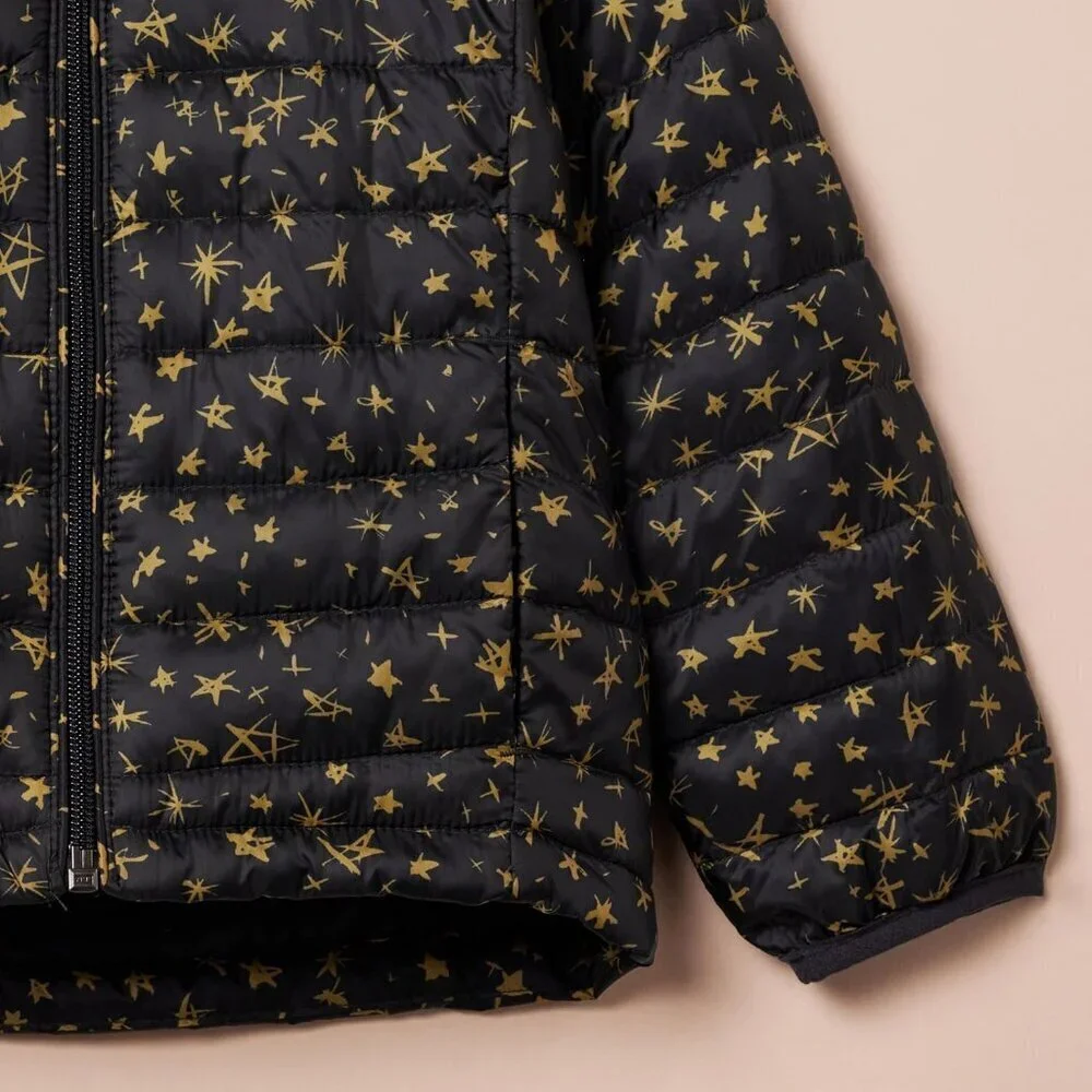 🆕Girls Black Stars Lightweight Water Resistant Hooded Puffer Jacket Winter Coat